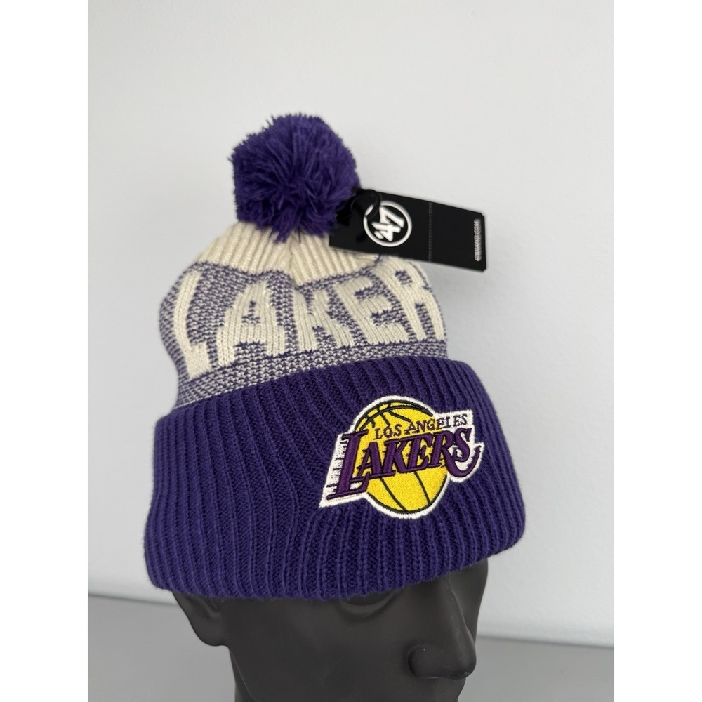 Los Angeles Lakers 47 Brand Cuff Knit Beanie Hat Cap Spellout Logo Patch NBA NWT
